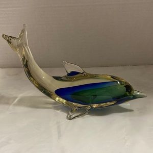 Art Glass Dolphin Tail in Air Amber Color Blue and Green Figurine Paperweight